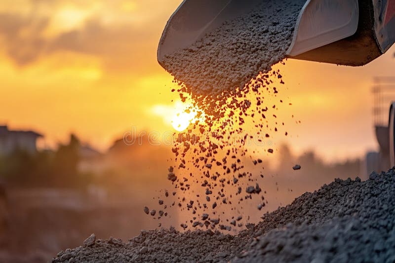 Excavator pouring gravel at sunset on construction site stock photo