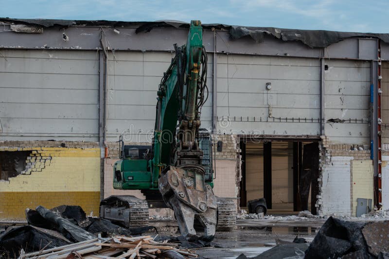 Excavator Rips Off a Building Stock Photo Image of danger, sheet