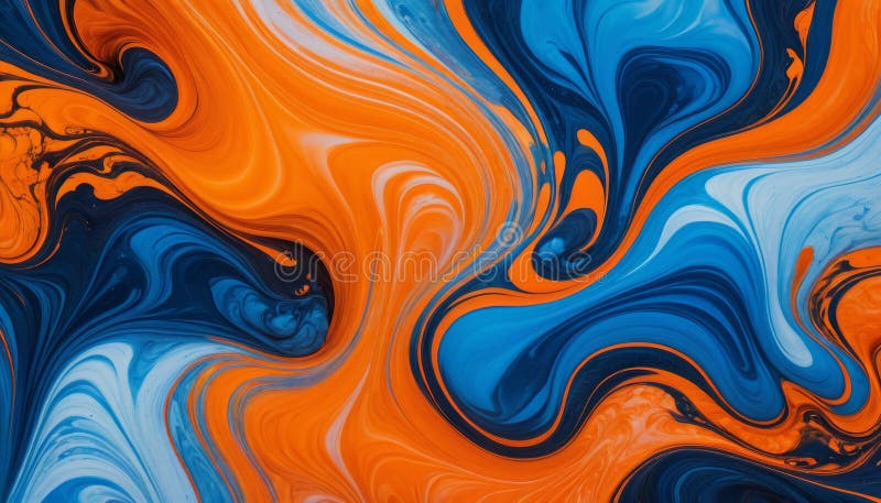 Fluid acrylic swirls in vibrant orange and blue create a mesmerizing abstract painting vector illustration