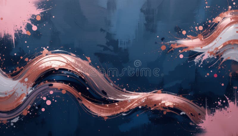 Rose Gold Abstract Painting, Swirls and Splashes on Dark Blue Canvas vector illustration