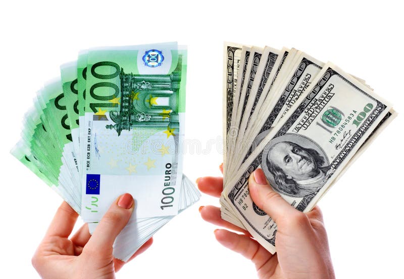 Exchange dollars to euro money in female hand.