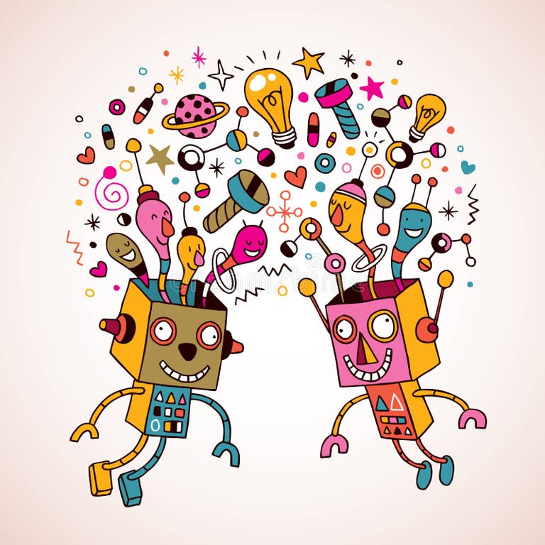 Two human heads exchanging colorful ideas