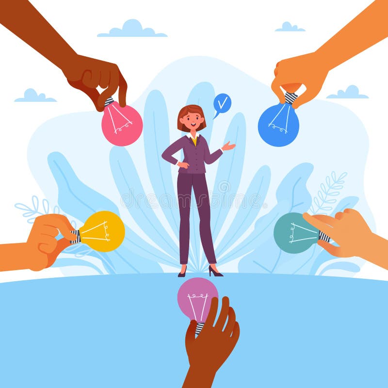 Exchange of ideas. Teamwork process, team brainstorming and creativity on work, collaboration and communication in stock illustration