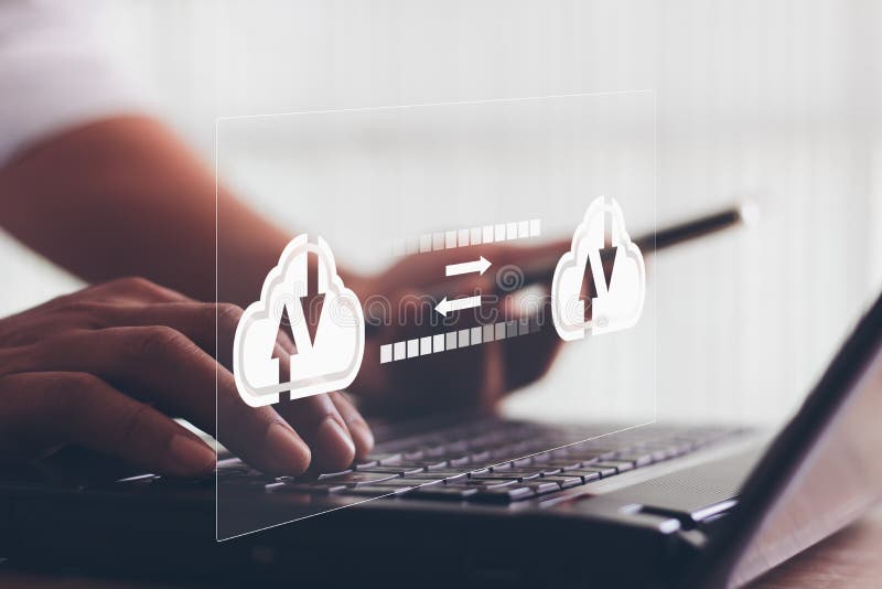 Exchange information data with internet cloud technology. Business person hand using laptop computer and smartphone with virtual royalty free illustration