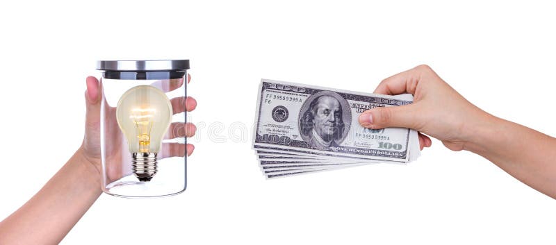 Exchange light bulb of idea and money white space stock photography