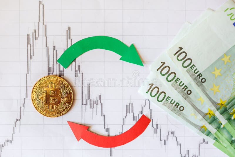 Exchange of virtual money bitcoin on euro bills. Red green arrows and golden Bitcoin ladder on paper forex chart background.