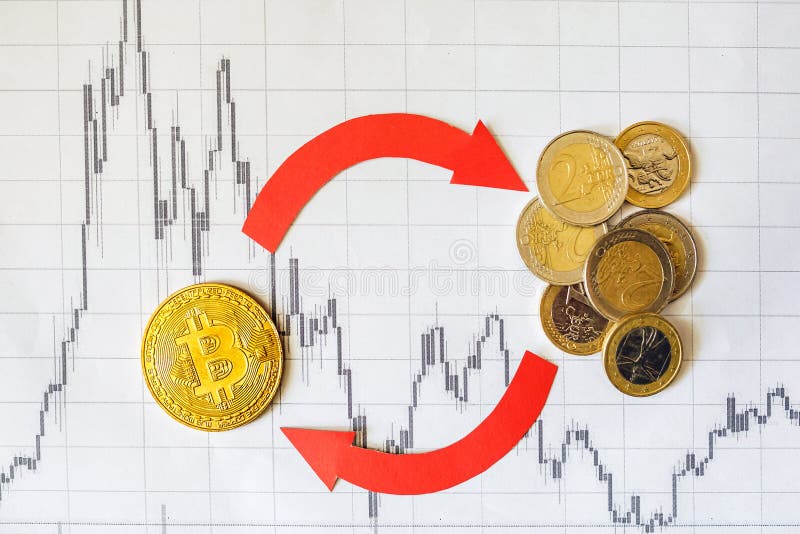 Exchange Of Virtual Money Bitcoin On Handful Euro Coins. Red Arrows And Golden Bitcoin Ladder On Paper Forex Chart Background.