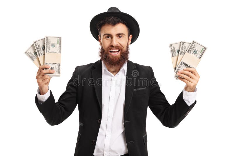 Excited bearded man with bundles of money stock image Excited bearded man with bundles of money stock image
