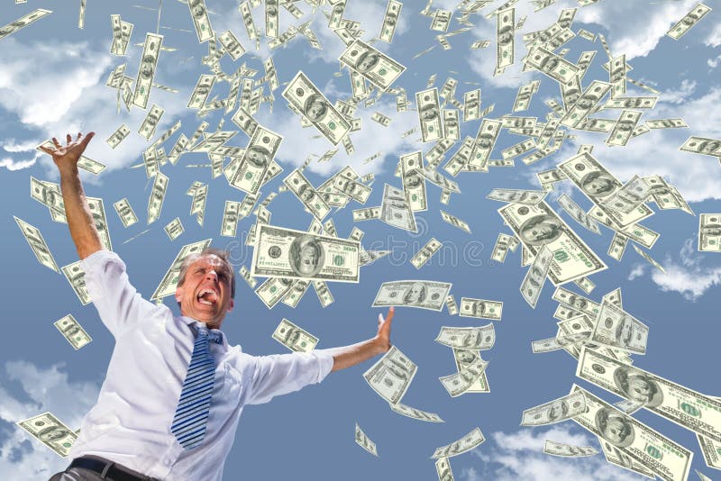 Digital composite of Excited business man with money rain against sky