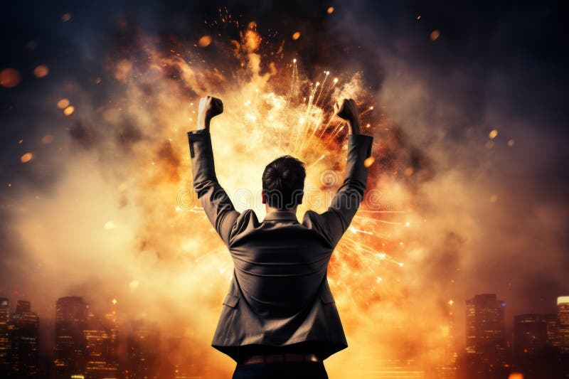 A man in a suit raising his arms in the air, expressing joy and celebration. This image can be used to depict achievement, victory, or reaching goals in business or personal life. AI generated. A man in a suit raising his arms in the air, expressing joy and celebration. This image can be used to depict achievement, victory, or reaching goals in business or personal life. AI generated