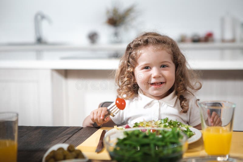 Excited Child Enjoying Healthy Breakfast at Home Stock Image - Image of ...