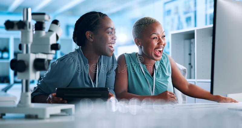 Excited, data scientist or black people in lab with celebration, computer or gene editing medical experiment. Happy, women or innovation consultant with science breakthrough, test or research results. Computer editing stock images, royalty-free photos and pictures