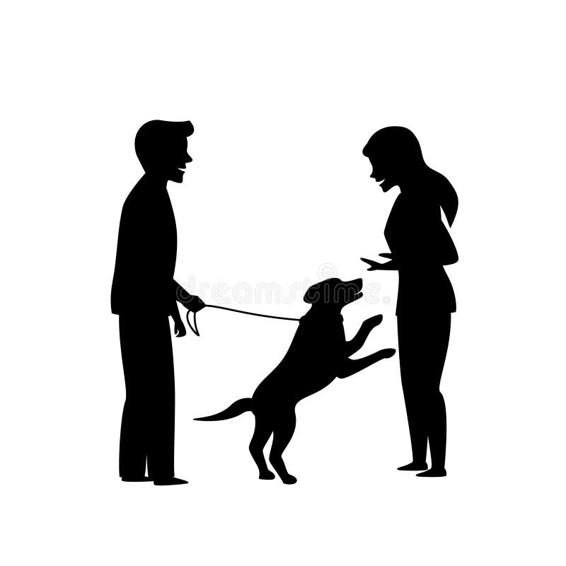 Excited dog jumping on people, obedience pet training silhouette graphic