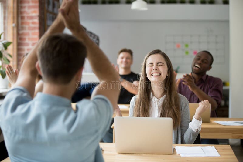 Excited female worker happy with online win royalty free stock photos Excited female worker happy with online win royalty free stock photos
