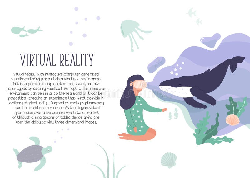 Excited Girl in Virtual Reality. 3d Nature Feeling Stock Vector