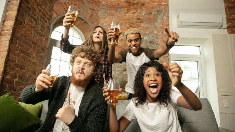 Excited Group Of People Watching Sport Match, Championship At Home