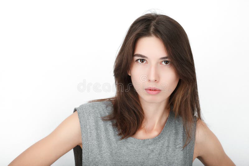 Happy Looking Woman. Closeup of Mixed Race Asian Caucasian Female Model on White Background. Stock Photo - Image of copyspace, digitals: 104994446