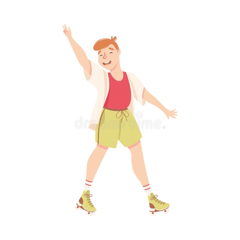 Excited Man Character Dancing on Roller Skates Vector Illustration