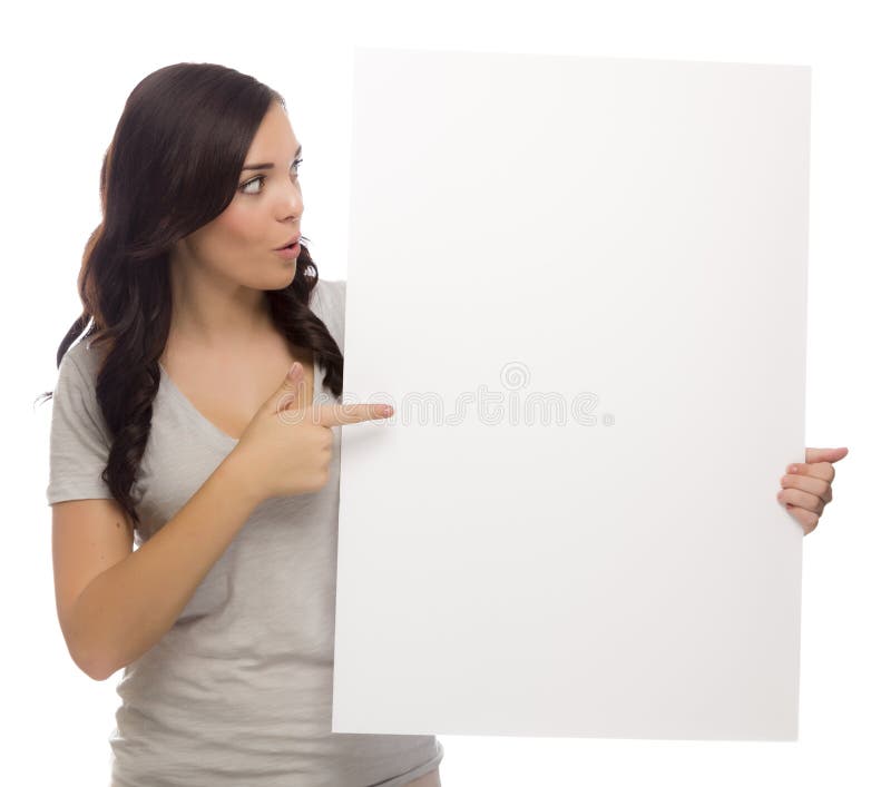 Excited Mixed Race Female Holding Blank Sign on White