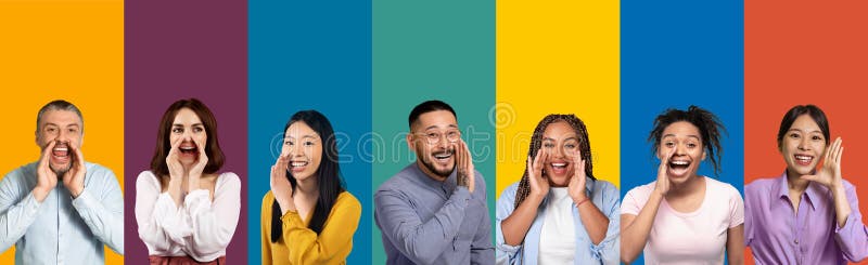 Excited people holding hand next to mouth, set of photos stock images