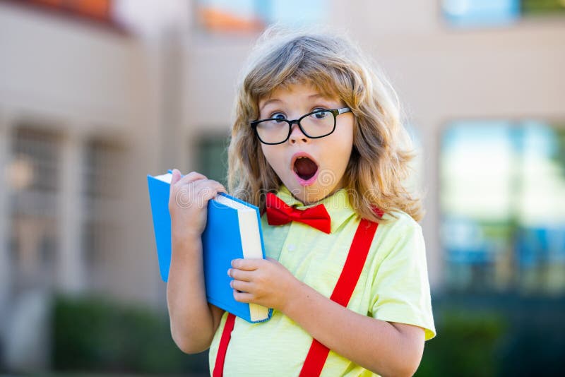 Excited schoolboy with book at the school. royalty free stock images