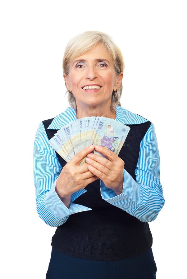 Excited senior showing Romanian money