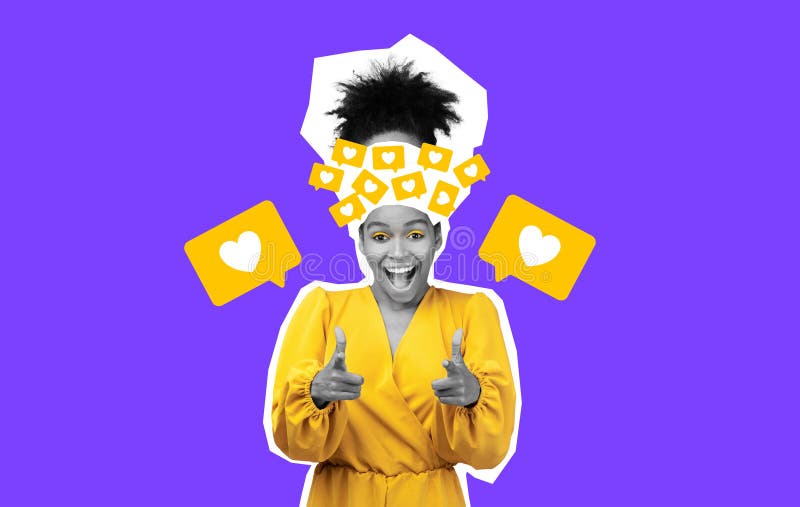 Excited woman with heart icons, pointing at camera on purple background royalty free stock images