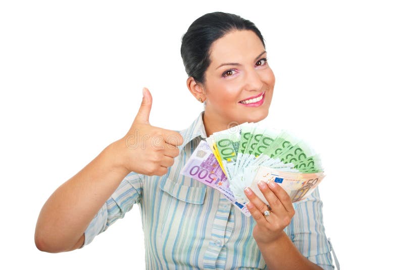 Excited woman with money giving thumbs up