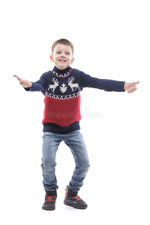 Excited Young Kid Looking Up and Showing Thumbs Up in Christmas Sweater ...