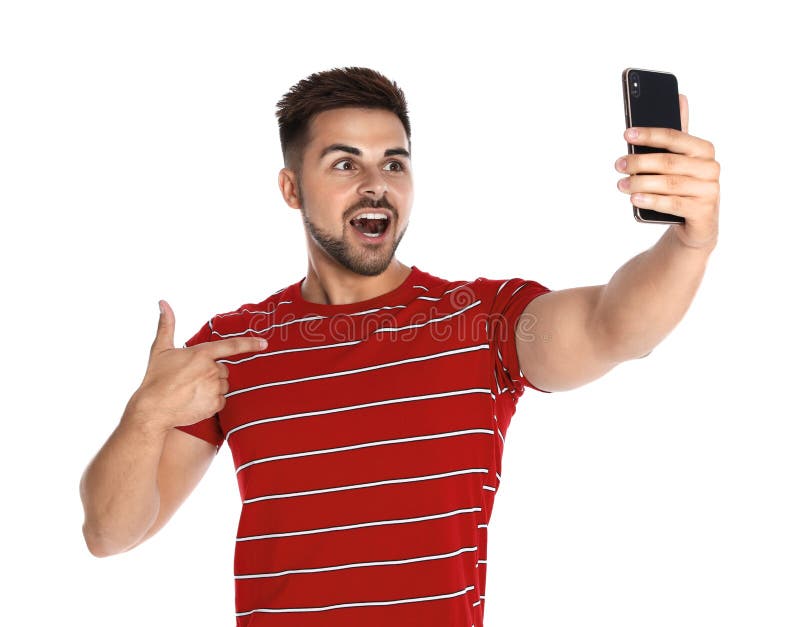 Excited Young Man Taking Selfie on White Stock Photo - Image of ...