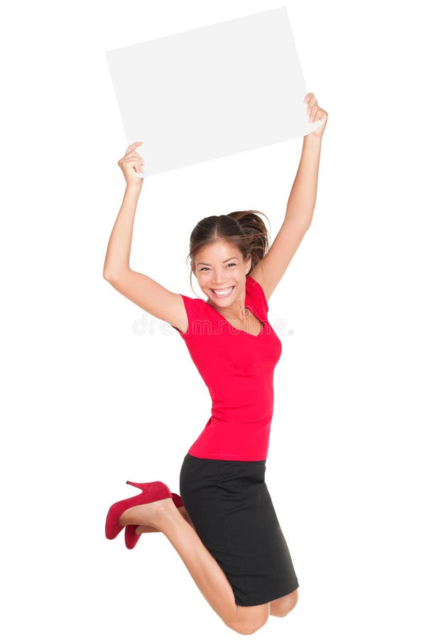 Sign woman jumping excited and happy showing blank empty sign card with copy space for your text. Beautiful smiling young female model isolated in full length on white background. Sign woman jumping excited and happy showing blank empty sign card with copy space for your text. Beautiful smiling young female model isolated in full length on white background.