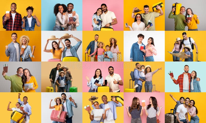 Exciting collage of travelers enjoying diverse adventures around the world stock images