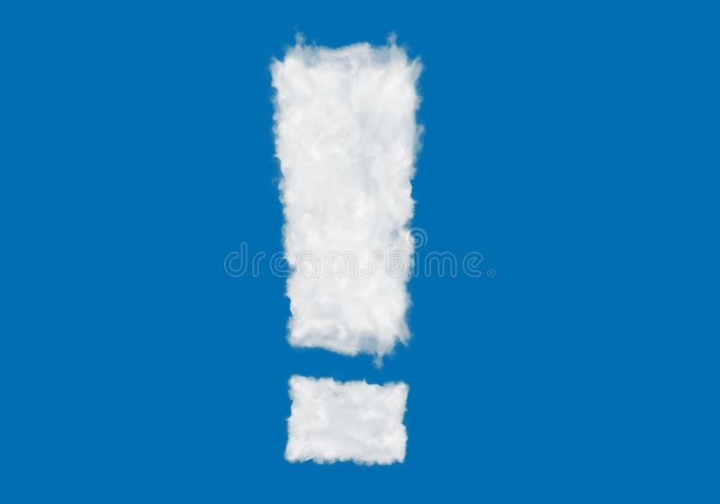Exclamation mark font symbol made of cloud on blue stock image