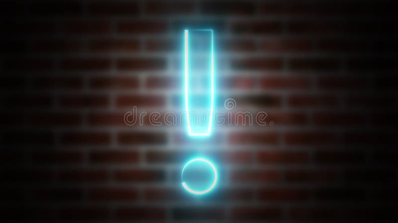 Exclamation mark neon sign on a background of brickwork, computer generated. 3d rendering of wireframe symbol with vector illustration