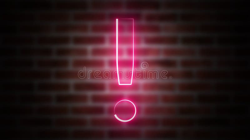 Exclamation mark neon sign on a background of brickwork, computer generated. 3d rendering of wireframe symbol with vector illustration