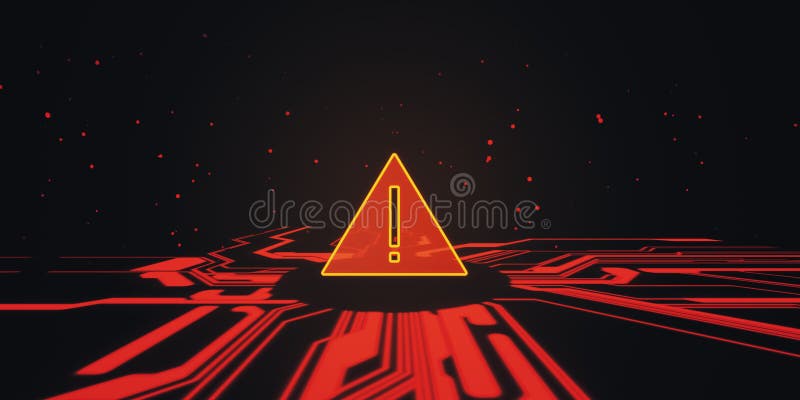 Hacker with laptop and warning icon, cybersecurity concept stock illustration