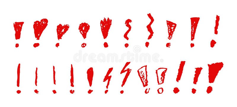 Exclamation marks symbols set. Red crayon hand written signs. Doodle icons collection for emphasize important or vector illustration