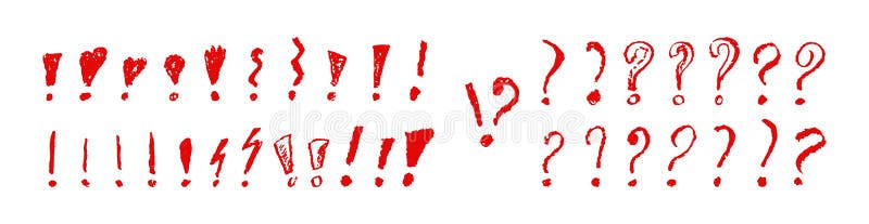 Exclamation and question marks symbols set. Red crayon hand written signs. Doodle icons collection for emphasize stock illustration