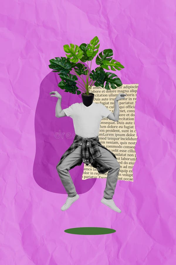 exclusive minimal magazine sketch collage funny man plant head dancing jumping isolated pink color background 250960822