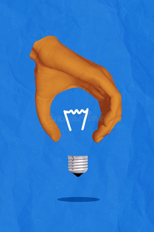 Exclusive minimal magazine sketch image of drawing arm holding electric lamp isolated blue painting background stock photo