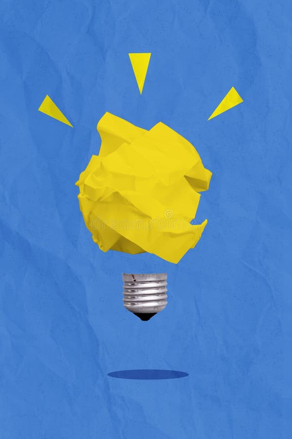 Exclusive minimal magazine sketch image of drawing electric lamp yellow paper bulb isolated blue painting background royalty free stock images