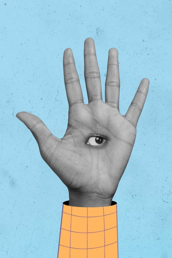 Exclusive painting magazine sketch image of palm waving hello eye inside isolated blue drawing background stock images