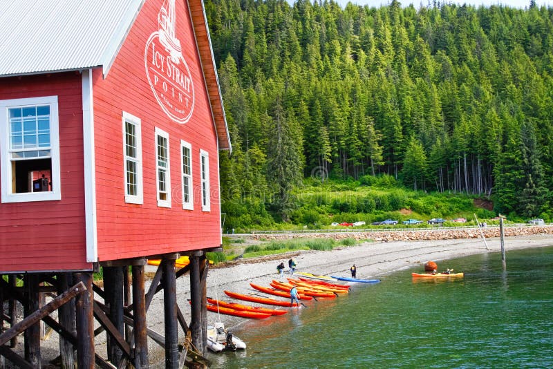 A view of cruise ship visitors getting ready for a kayak excursion near the old historic cannery and cruise ship visitors center complex near Hoonah, Alaska on Chichagof Island. Icy Strait Point itself is owned by local native Tlingit tribe members, and Hoonah is the largest Tlingit community in the Pacific Northwest. A view of cruise ship visitors getting ready for a kayak excursion near the old historic cannery and cruise ship visitors center complex near Hoonah, Alaska on Chichagof Island. Icy Strait Point itself is owned by local native Tlingit tribe members, and Hoonah is the largest Tlingit community in the Pacific Northwest.