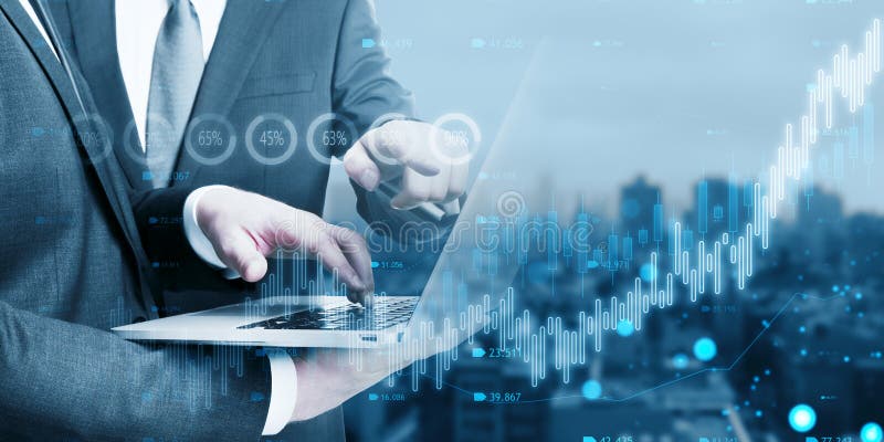 Executive with interactive financial analysis stock photos