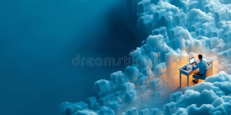 Executive in corporate office using laptop linked to cloud platform for secure document management and synchronized backups stock illustration