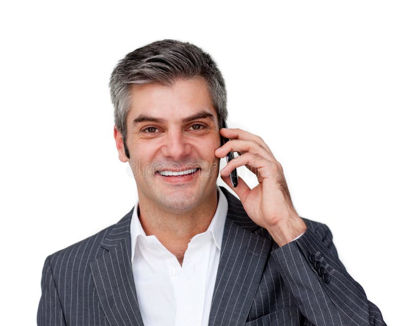 Executivo masculino entusiástico no telefone imagens de stock royalty free Executivo masculino entusiástico no telefone imagens de stock royalty free