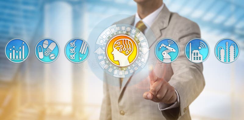 Executivo que adiciona o AI à linha da fabricação da droga imagens de stock Executivo que adiciona o AI à linha da fabricação da droga imagens de stock