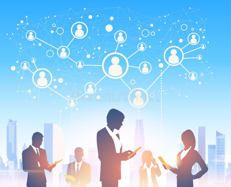 Executivos das silhuetas do grupo sobre a rede moderna do Social do escritório da paisagem da cidade ilustração royalty free Executivos das silhuetas do grupo sobre a rede moderna do Social do escritório da paisagem da cidade ilustração royalty free