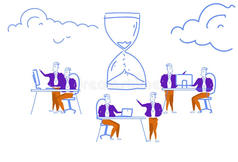 Executivos do processo trabalhador da sessão de reflexão dos trabalhos de equipa do ícone do relógio da areia do conceito da gest ilustração stock Executivos do processo trabalhador da sessão de reflexão dos trabalhos de equipa do ícone do relógio da areia do conceito da gest ilustração stock