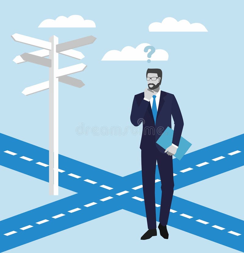 Executivos dos conceitos Homem de negócios que está em uma estrada transversaa e que olha setas direcionais dos sinais Ilustração ilustração do vetor Executivos dos conceitos Homem de negócios que está em uma estrada transversaa e que olha setas direcionais dos sinais Ilustração ilustração do vetor